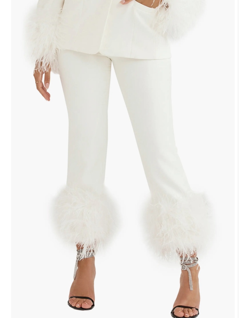 House of CB Ivory Fae Feather-Trim Straight-Leg Pants
